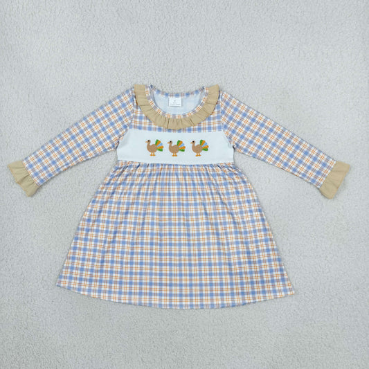 Embroidery GLD1667 Turkey Blue Checkered Long Sleeve Girls Dress