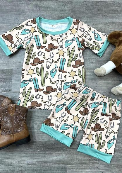 preorder BSSO0285 Western boot hat cactus short sleeve shorts boys set