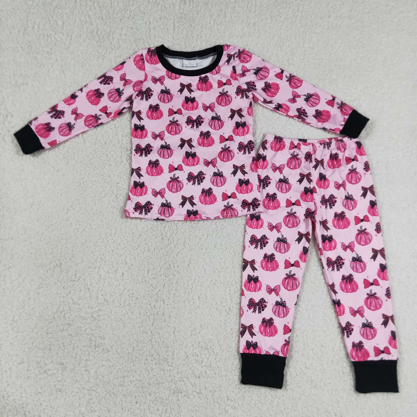 GLP3375 Pumpkin Bows Hot Pink Long Sleeve Pants Girls Pajamas