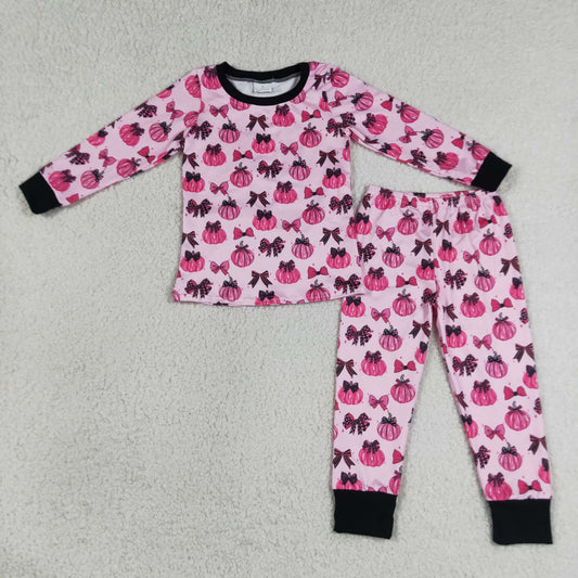 GLP3375 Pumpkin Bows Hot Pink Long Sleeve Pants Girls Pajamas