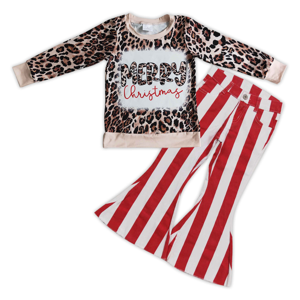 GLP0788 Merry Christmas leopard long sleeve top red striped denim pants girls set