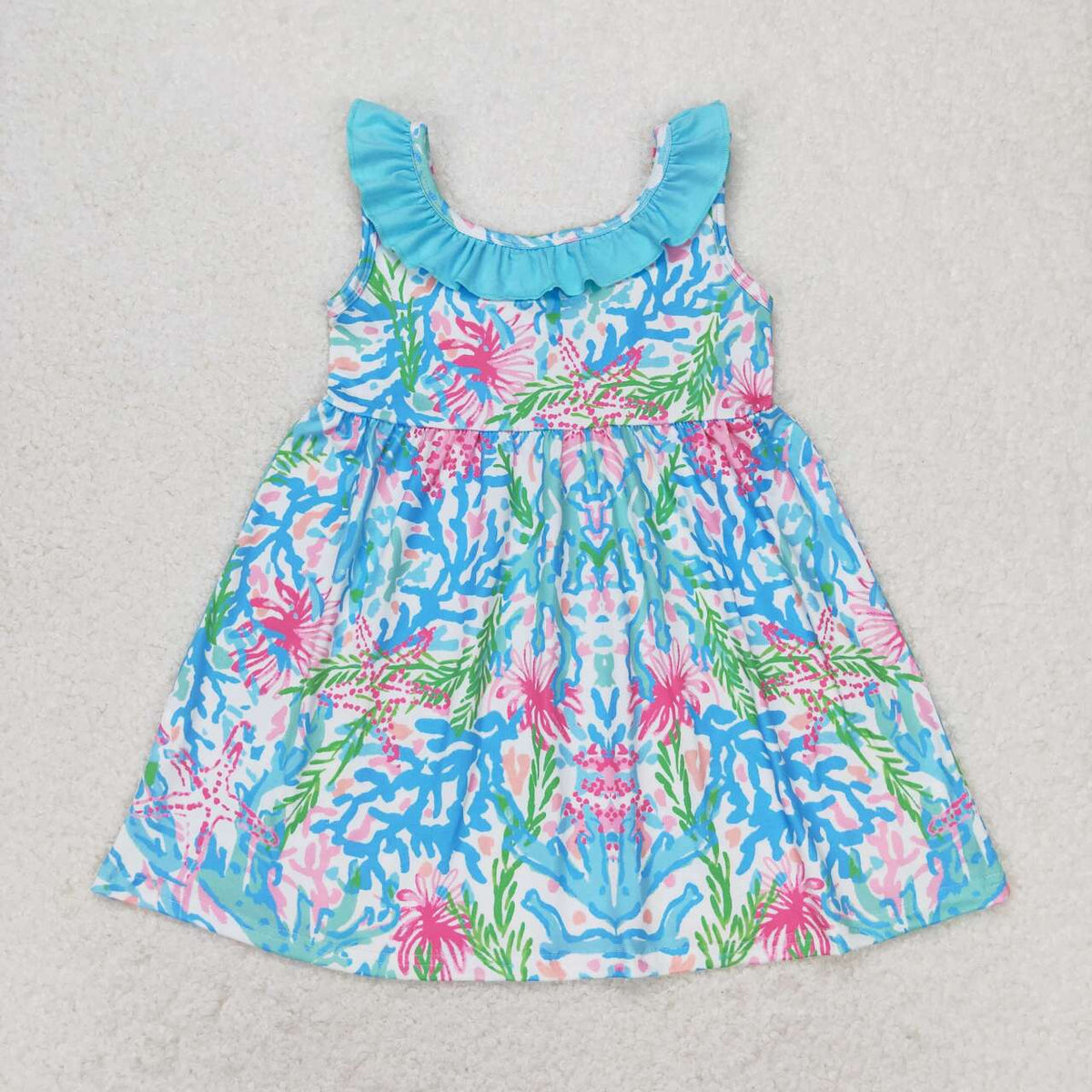 GSD1138 multi color print bright flowers print girls blue dress
