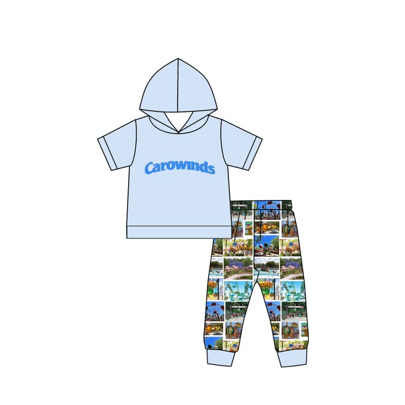custom amusement park blue hoodie short sleeve pants boys set