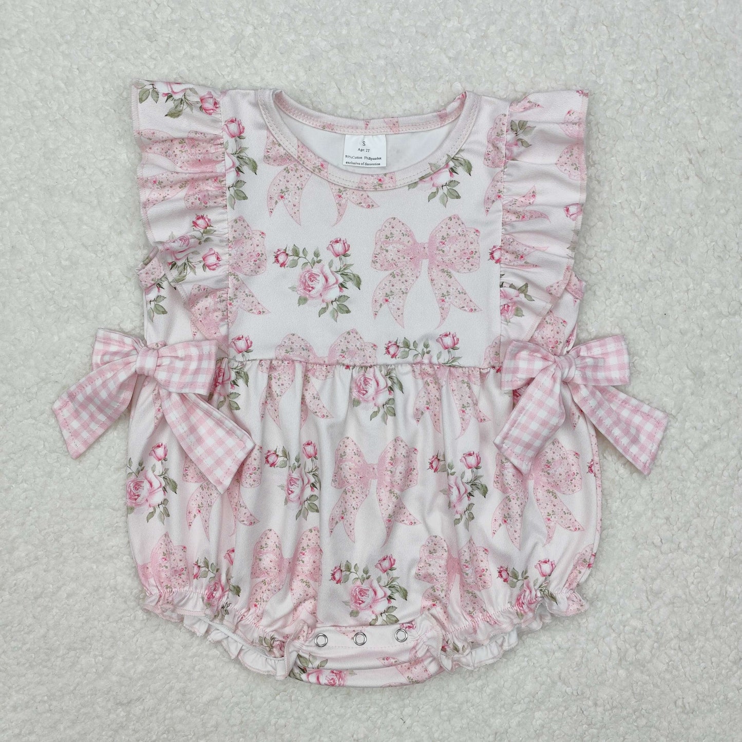 SR2379 Pink Flowers Bows Flutter Sleeve Girls Romper