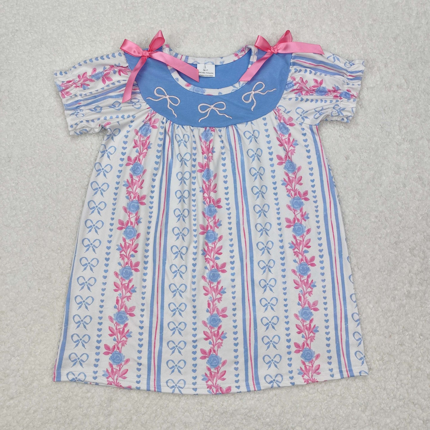 embroidery GSD1520 bows pink flowers short sleeve girls dress