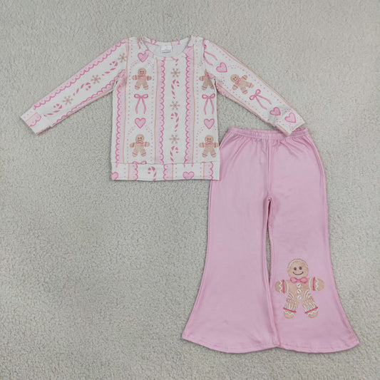 GLP3540 Christmas Gingerbread Man Bows Long Sleeve Green Pants Girls Set