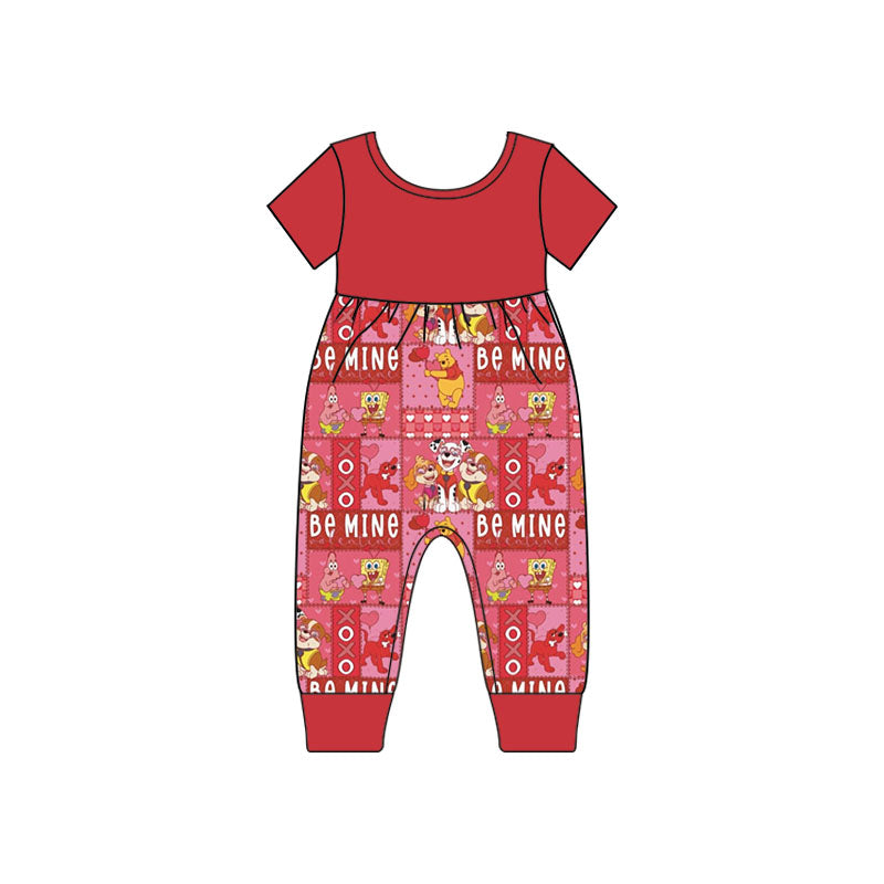 Custom Be Mine Cartoon Animals Red Short Sleeve Girls Jumpsuits Kids Valentine's Day Clothes