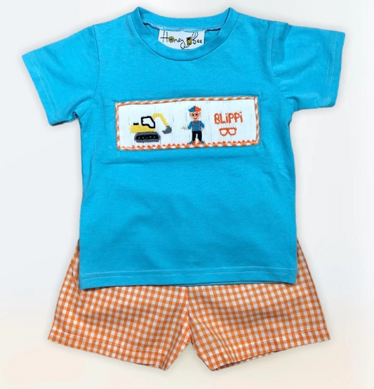 preorder BSSO0295 Blippi excavator blue short sleeve brown checkered shorts boys set