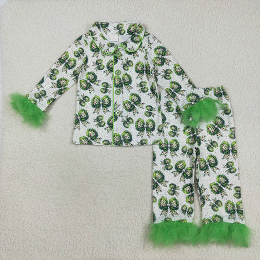 GLP2582 Christmas green tree bows dot long sleeve pants girls fur pajamas