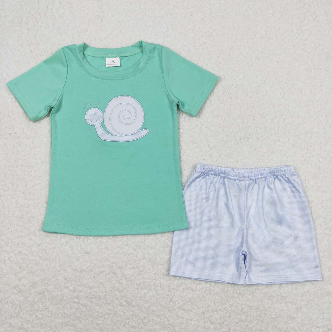 BSSO0571 embroidery Snail Green Short Sleeve Blue Shorts Boys Summer Set