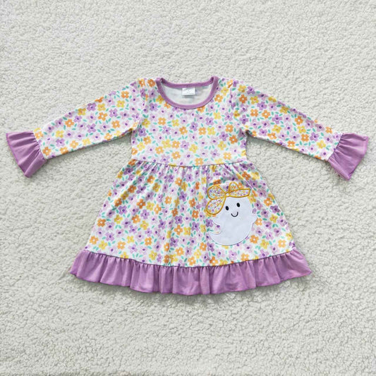 GLD0220 Halloween Spook Colorful Flowers Purple Long Sleeves Girls Dress
