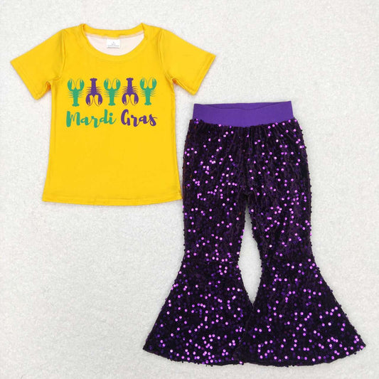 Mardi Gras Grayfish Yellow Short Sleeve Purple Sequin Pants Girls Set