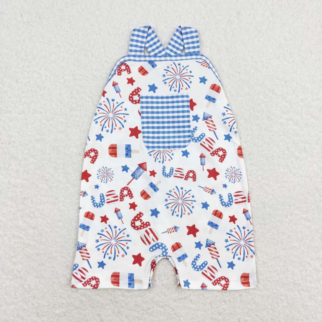 SR1366 July 4th USA fireworks blue checkered pocket boys romper