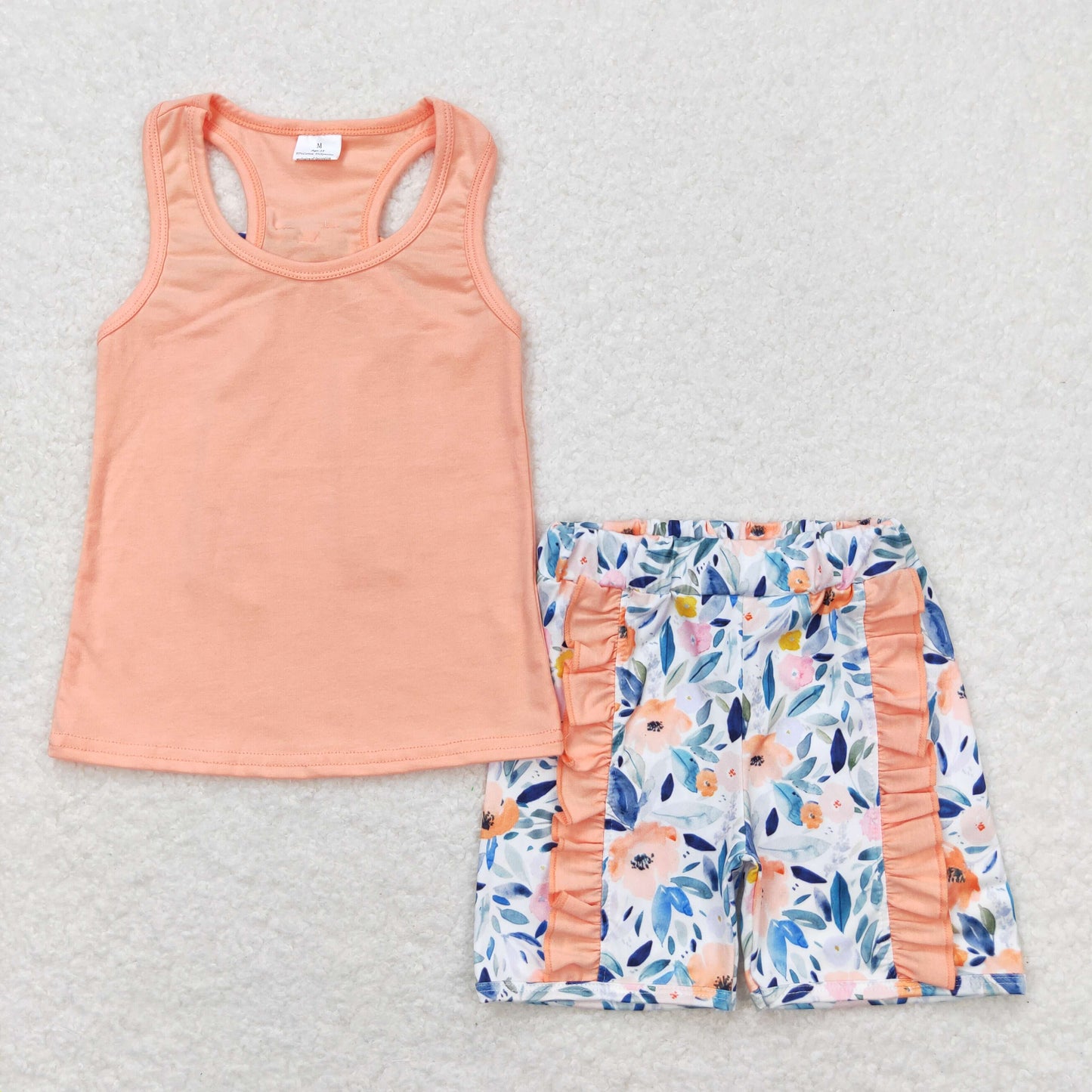 GSSO1061 orange sleeveless orange flowers shorts girls set
