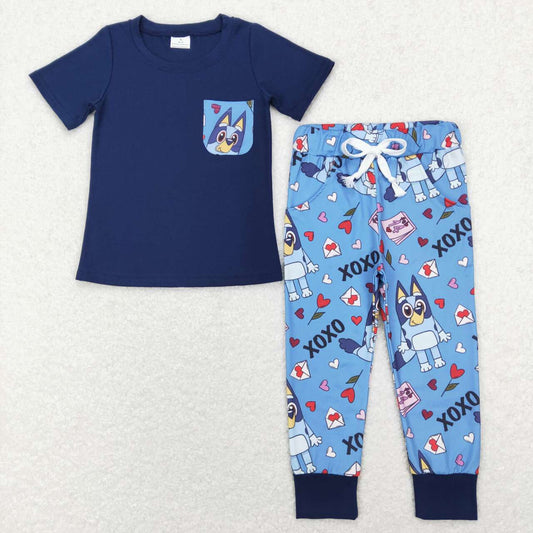 BSPO0271 Valentine's Day Pocket Navy Short Sleeve Blue Pants Boys Set