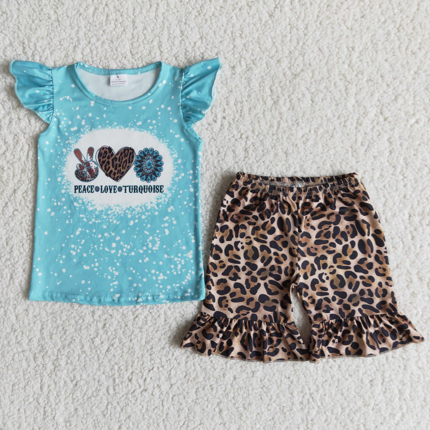 Peace Love Turquoise Blue Bleach Design Leopard Print Set