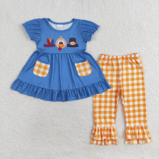 GSPO1643 Thanksgiving turkey hat navy blue short sleeve orange checkered pants girls set