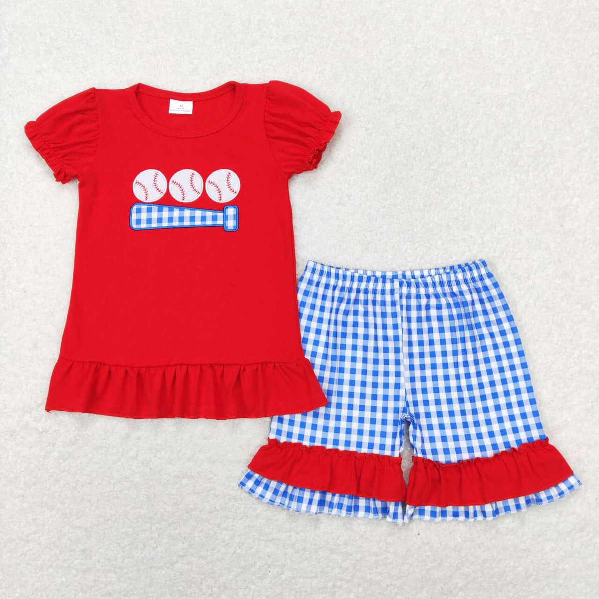 GSSO0428 Play baseball red short sleeve blue checkered shorts girls set