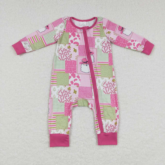 LR0722 Christmas cow print cane candy pink long sleeve girls romper