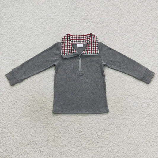 BT0283 Red & Green plaid grey long sleeve boys top
