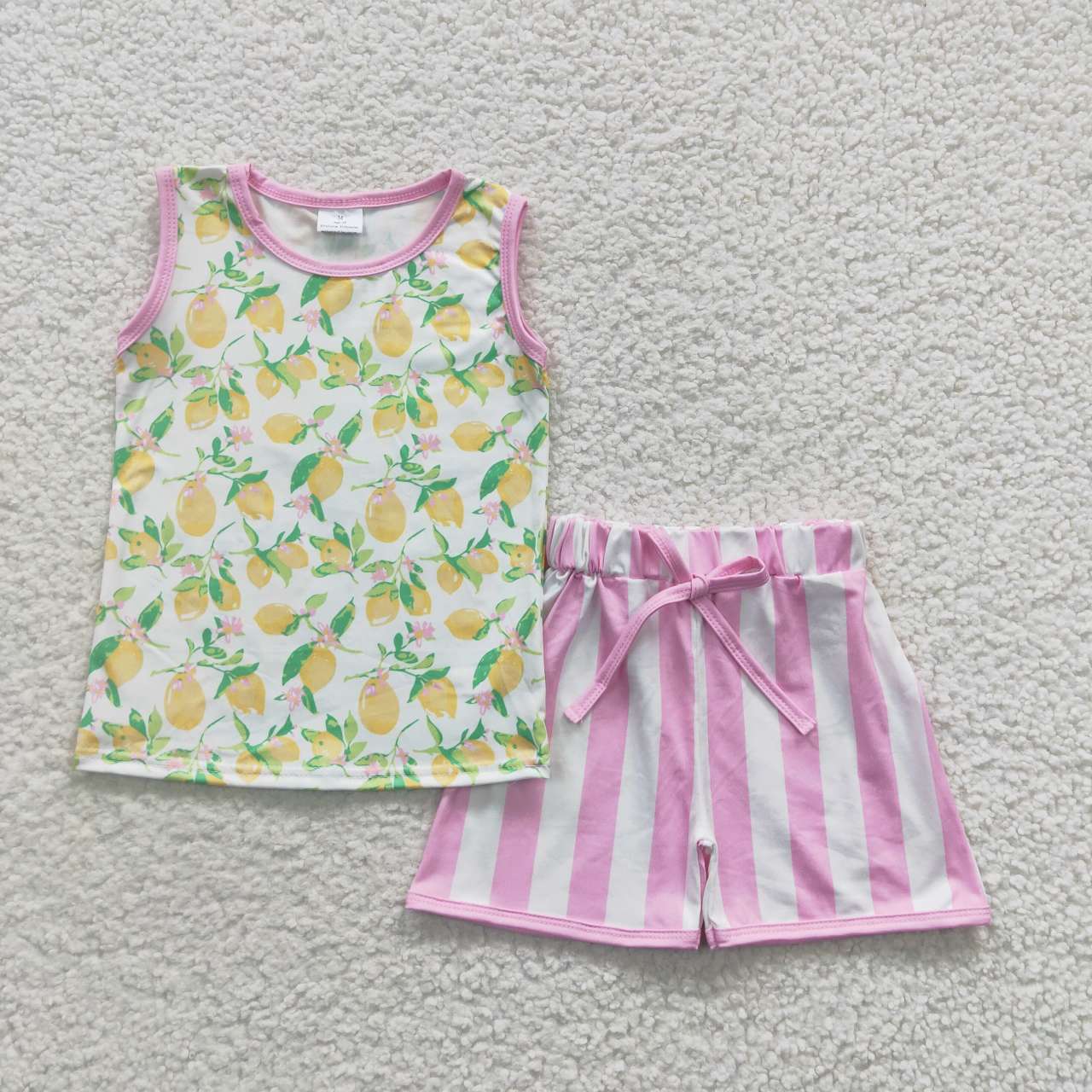 GSSO0322 Yellow Lemon Sleeveless Pink Striped Shorts Girls Summer Set