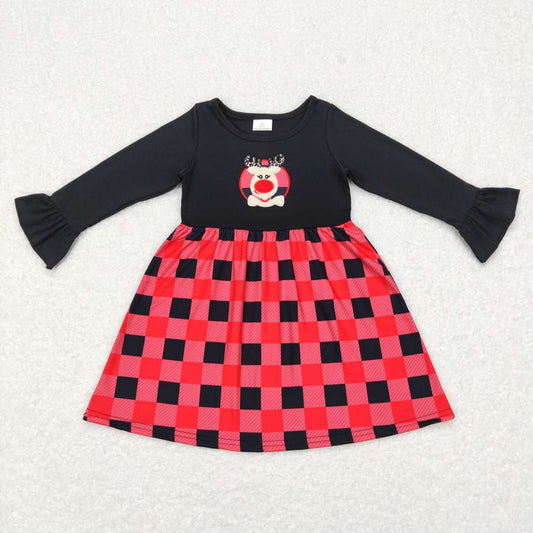 GLD0423 Christmas deer black red plaid long sleeve girls dress