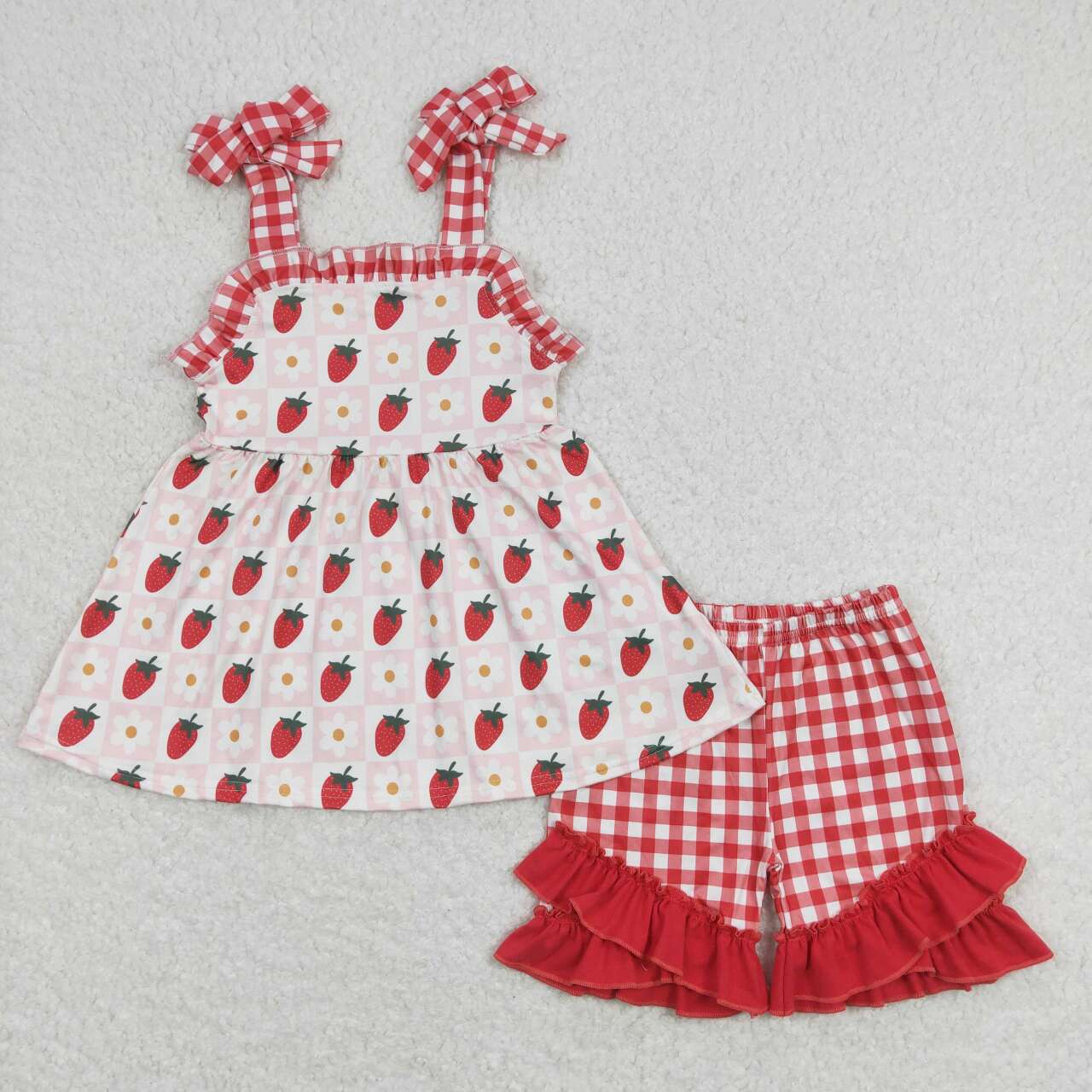 GSSO0588 Strawberry Pink Flowers Sleeveless Red Checkered Shorts Girls Set