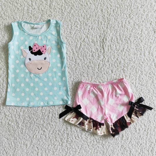 GSSO0088 Embroidery Cow Summer Baby Girls Set