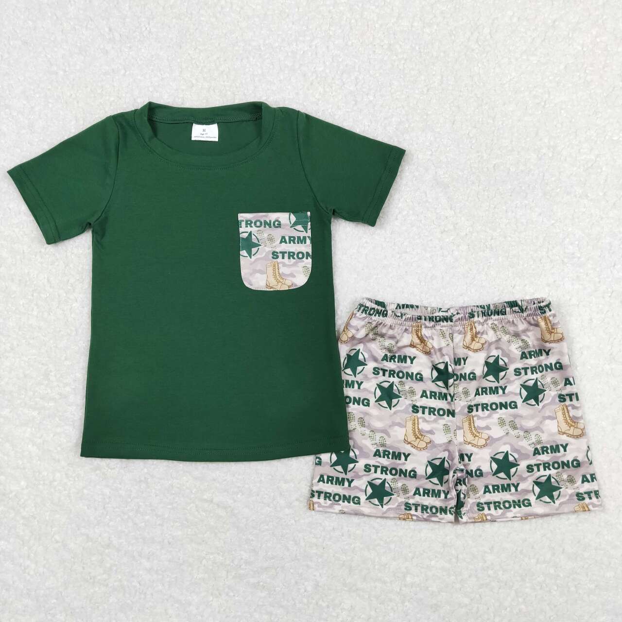 BSSO0701 Army strong pocket green short sleeve camo shorts boys set