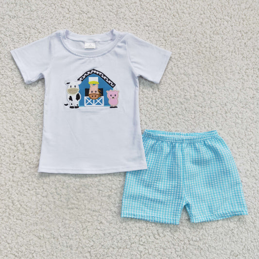 B18-12 Farm Embroidery Blue Summer Boys Set