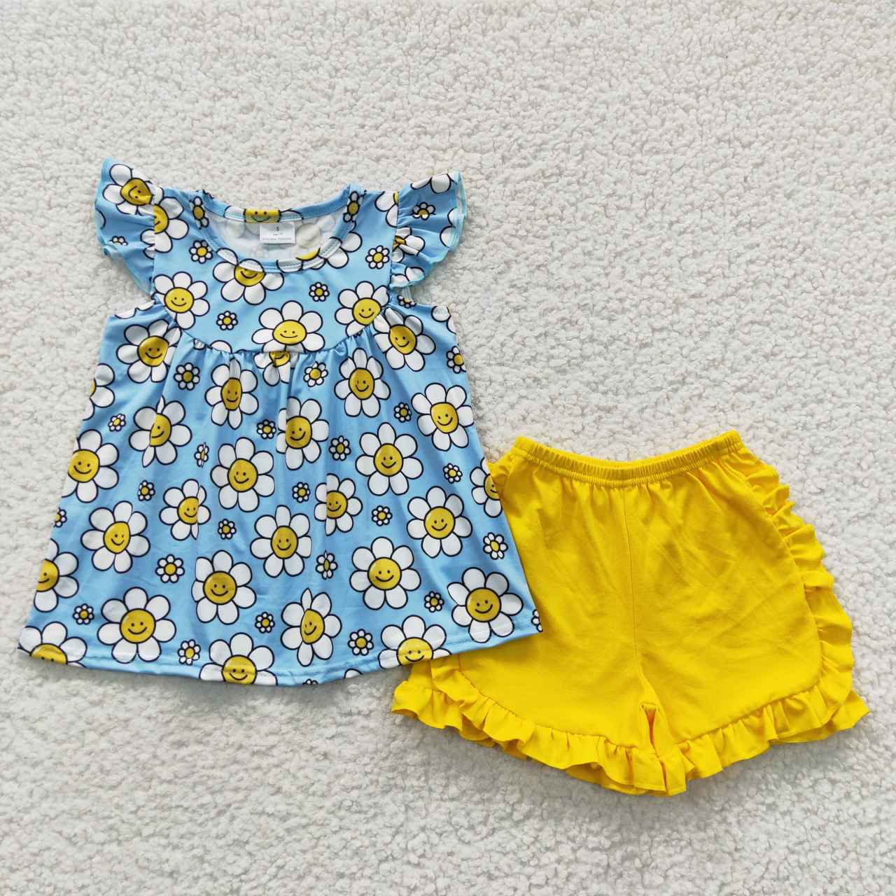 GSSO0318 Smile Flowers Blue Flutter Sleeves Yellow Short Girls Kids Summer Set