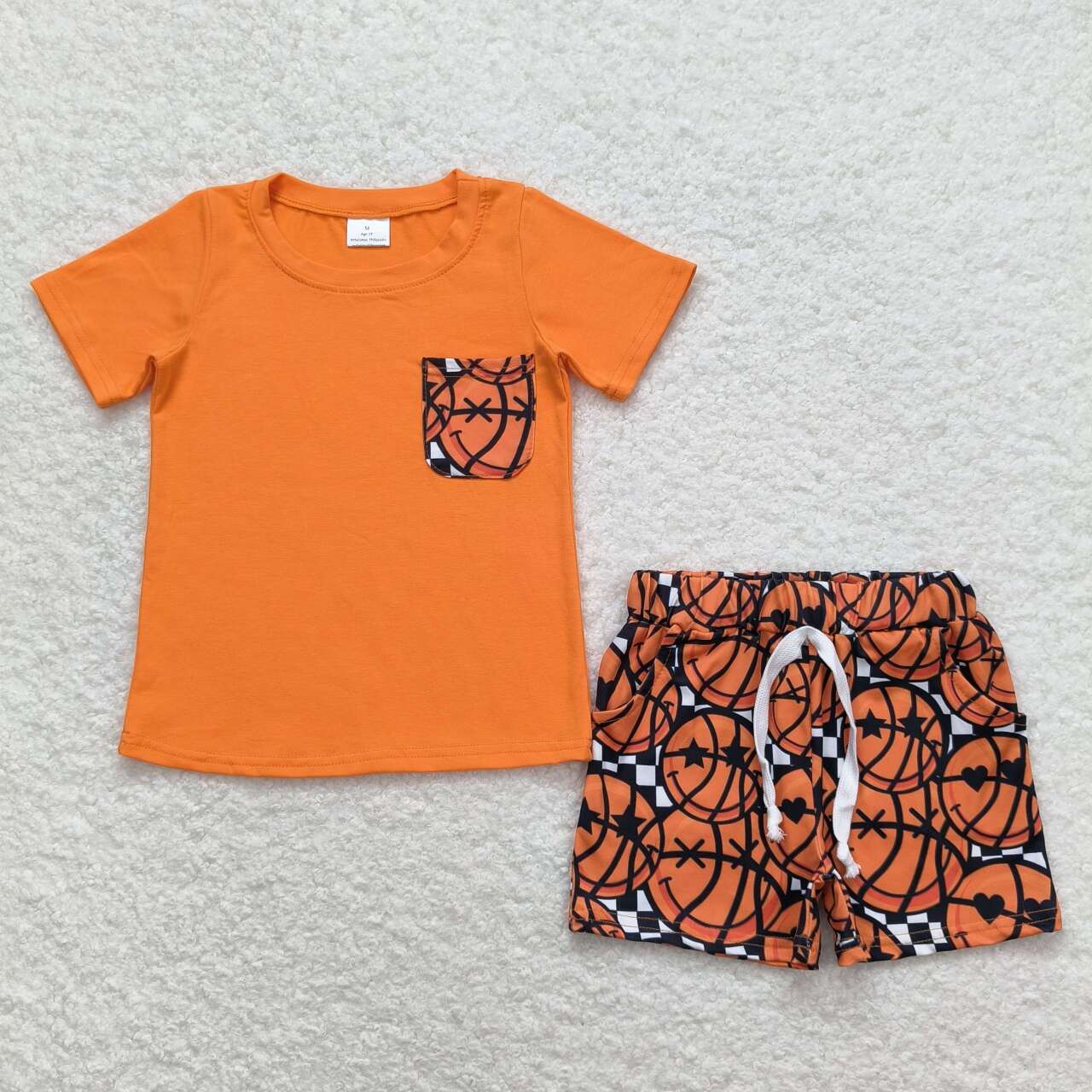 BSSO0789 basketball orange pocket short sleeve shorts boys set