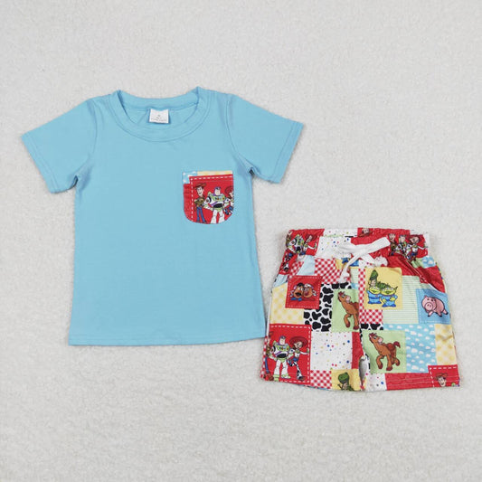 BSSO0535 Cartoon Toy Pocket Blue Short Sleeve Colorful Shorts Boys Set