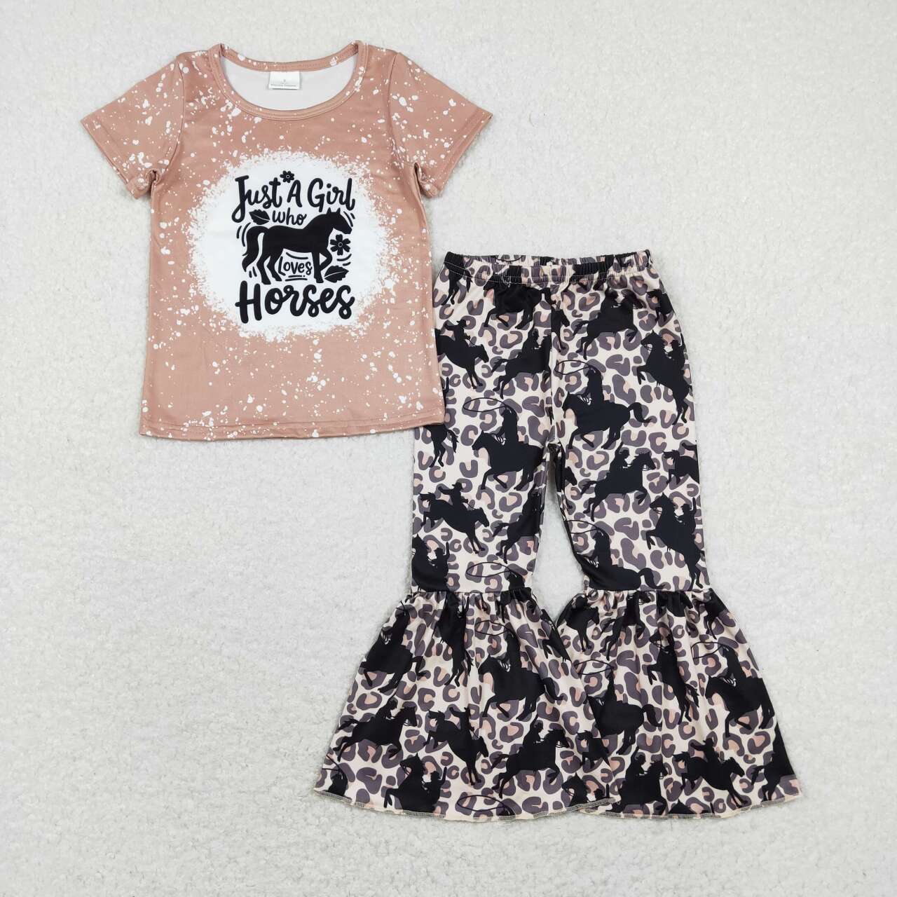 GSPO1277 Just a Girl Who Loves Horses Khaki Short  Sleeve Leopard Pants Girls Set