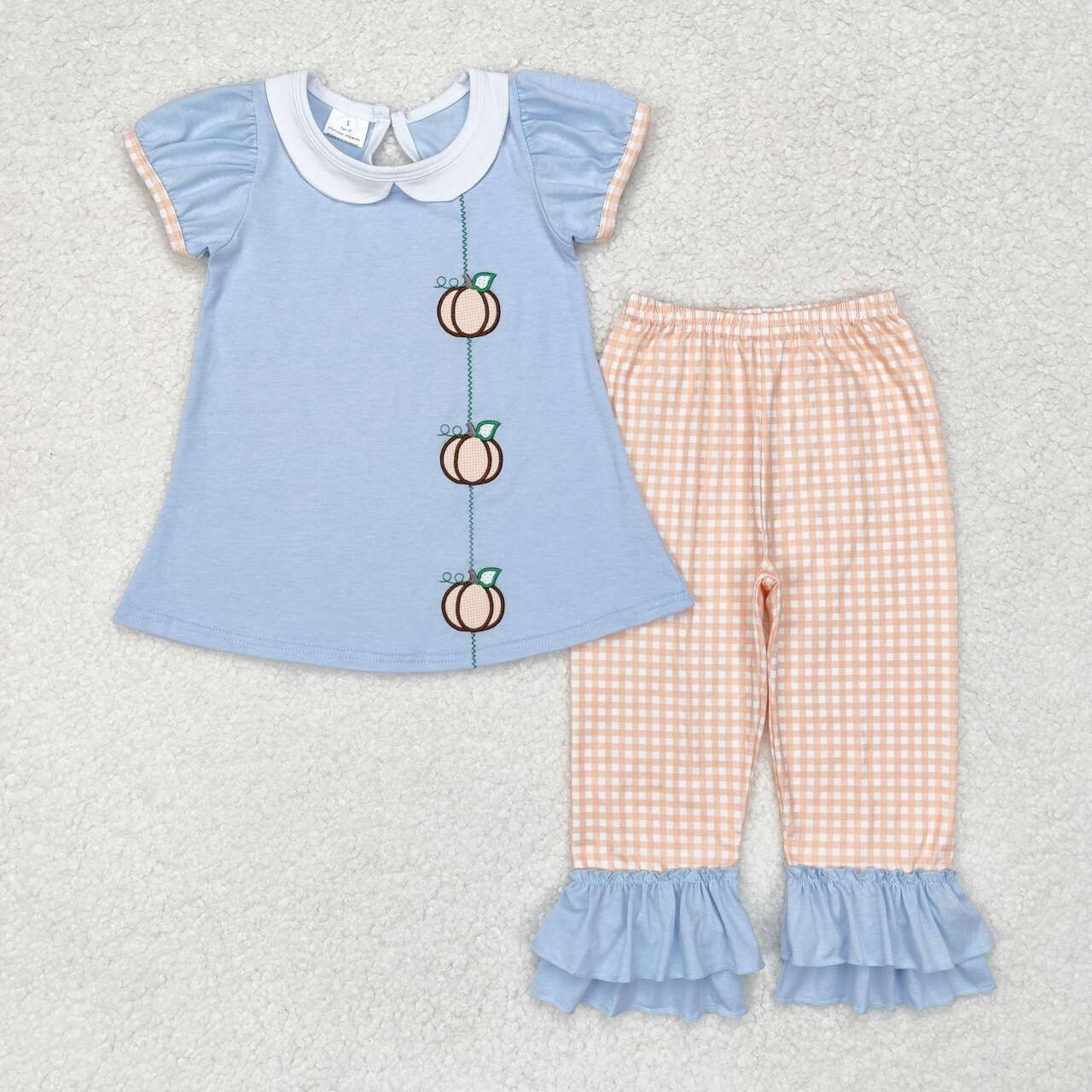 GSPO1534 embroidery Autumn pumpkin blue short sleeve orange checkered pants girls set