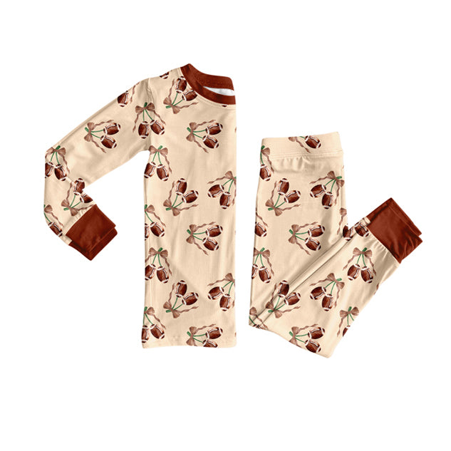 Custom moq 20 bamboo football bows cherry brown long sleeve pants girls pajamas