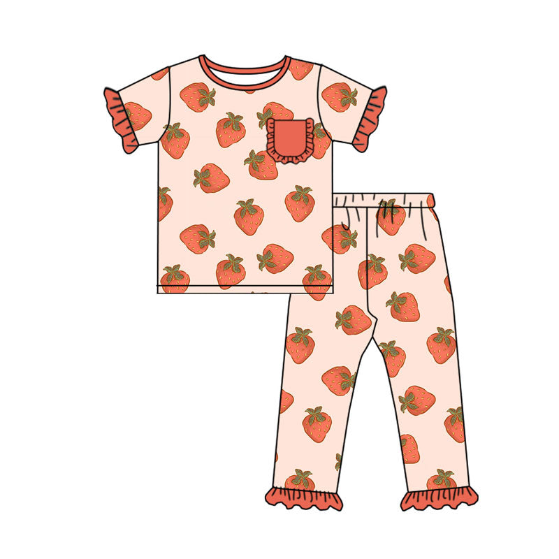 custom moq 5 cute strawberry pink pocket short sleeve pants girls pajamas