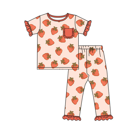 custom moq 5 cute strawberry pink pocket short sleeve pants girls pajamas