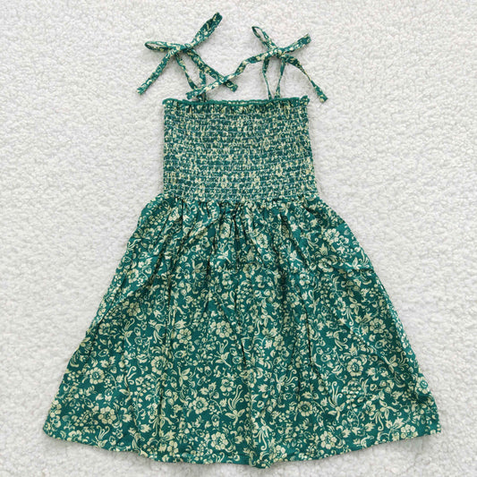 GSD0369 Smocking Stitch Green Flowers Girls Summer Dress