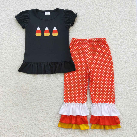GSPO0709 Halloween Colorful Sugar Black Short Sleeves Orange Pants Girls Set