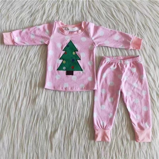 6 B12-37 Pink Popular Dots Print Christmas Tree Embroidery Baby Girls Pajamas