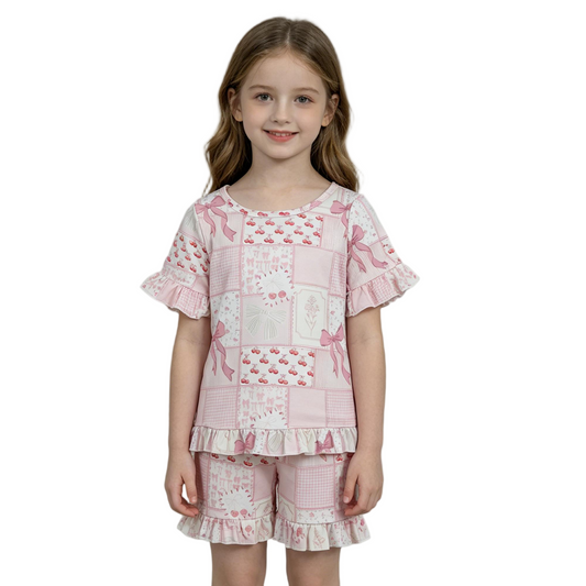 GSSO3321 Pink Bows Cherry Short Sleeve Shorts Girls Set