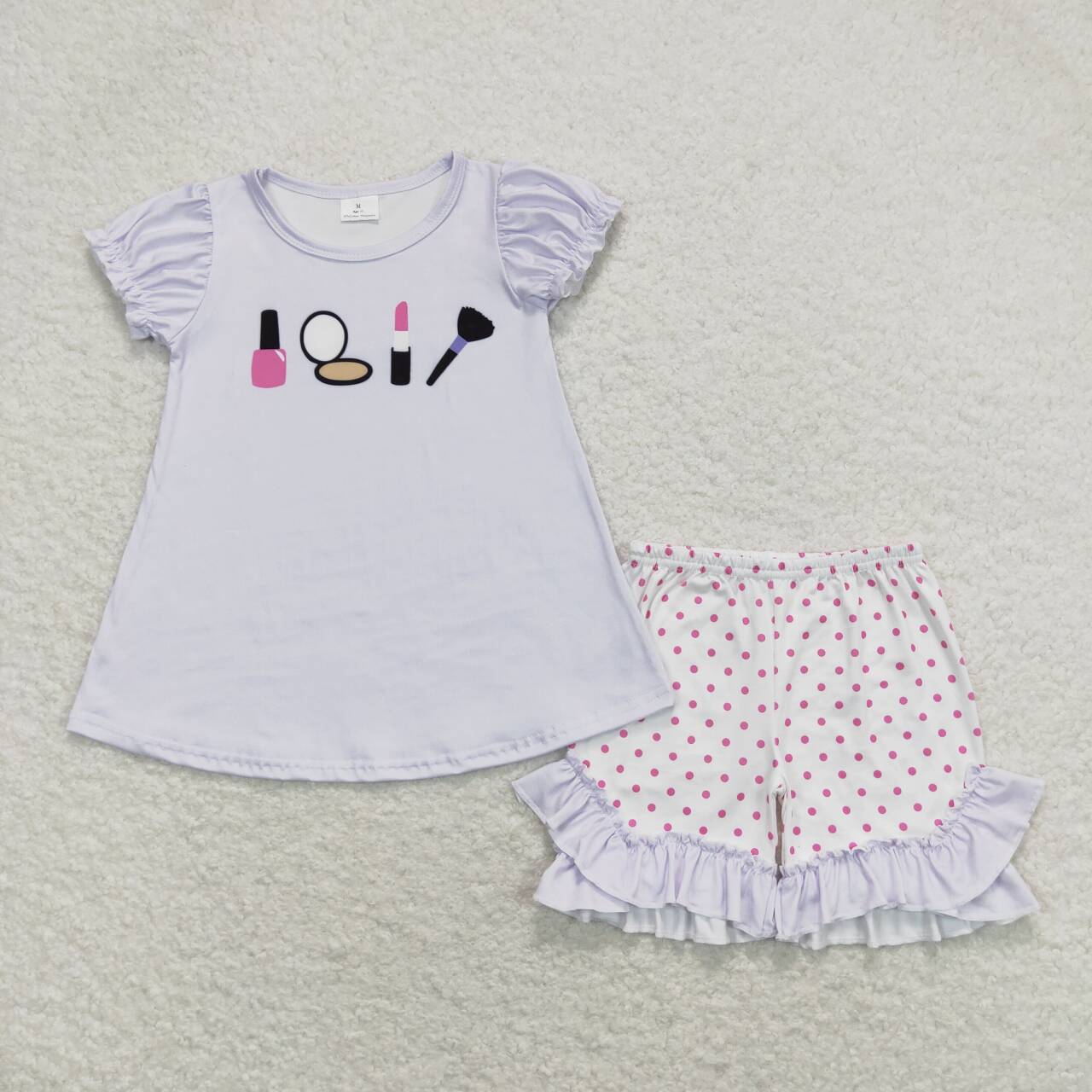 GSSO0862 Lipstick mirror short sleeve pink dot ruffles shorts girls set