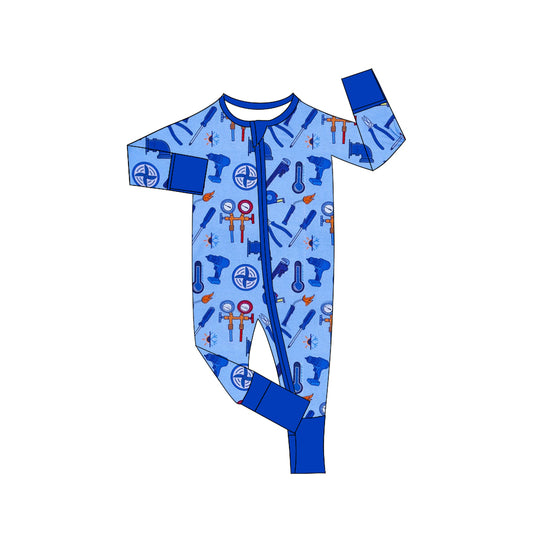 custom style plumber tool blue long sleeve boys zipper romper