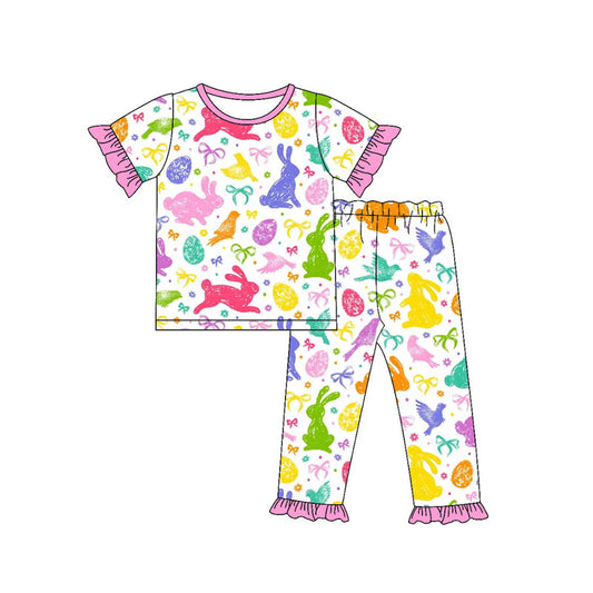 custom moq 5 Easter bunny rabbit bows egg hot pink short sleeve pants girls pajamas
