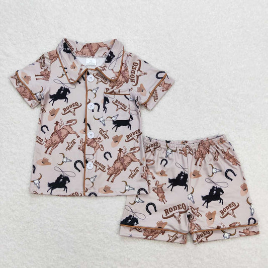 BSSO0761 Western rodeo pocket short sleeve shorts boys grey pajamas