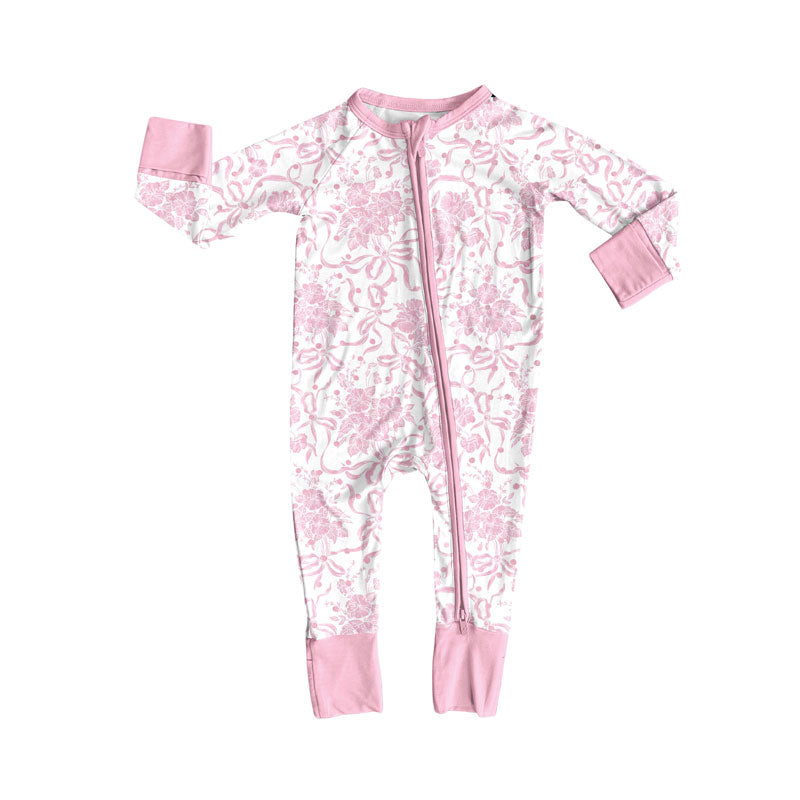 custom moq 5 pink bows flowers zipper long sleeve girls romper