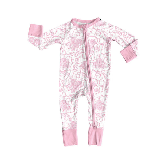 custom moq 5 pink bows flowers zipper long sleeve girls romper