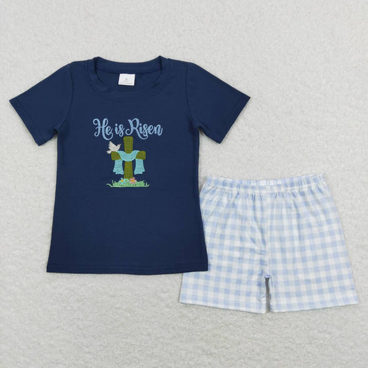 BSSO0319 He is Risen Easter navy short sleeve blue checkered shorts boys set