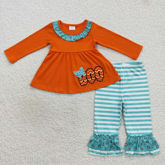 GLP0721 Halloween Boo orange long sleeve blue striped pants girls set